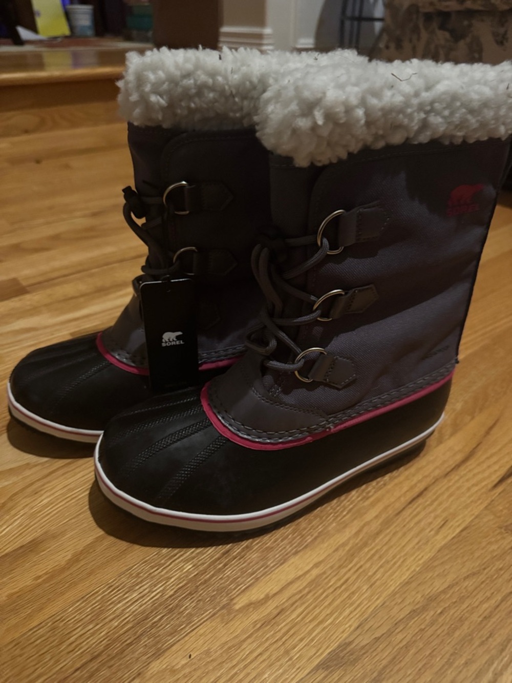Sorel Kids Waterproof Winter Boots in Gray with Pink Accents